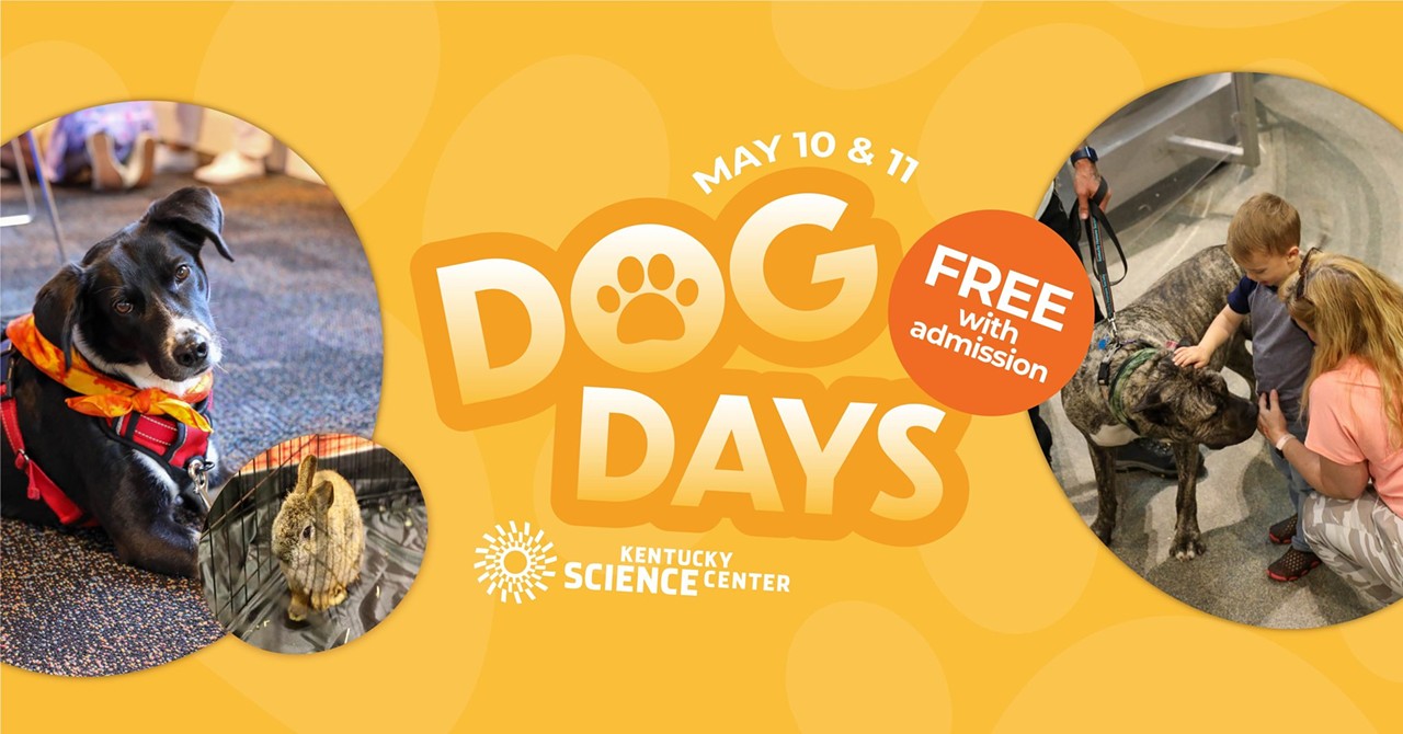 FRIDAY, MAY 10Dog Days
Kentucky Science Center | Cost of admission | 10-2 p.m.
Kentucky Science Center’s annual Dog Days event is back and better than ever. This family and student favorite gives kids a chance to explore the ways dogs – and other animal friends, too! – are trained to help improve our lives both on the job and off. Stop by to meet some amazing creatures from a variety of animal care careers, then spend time exploring your Kentucky Science Center.