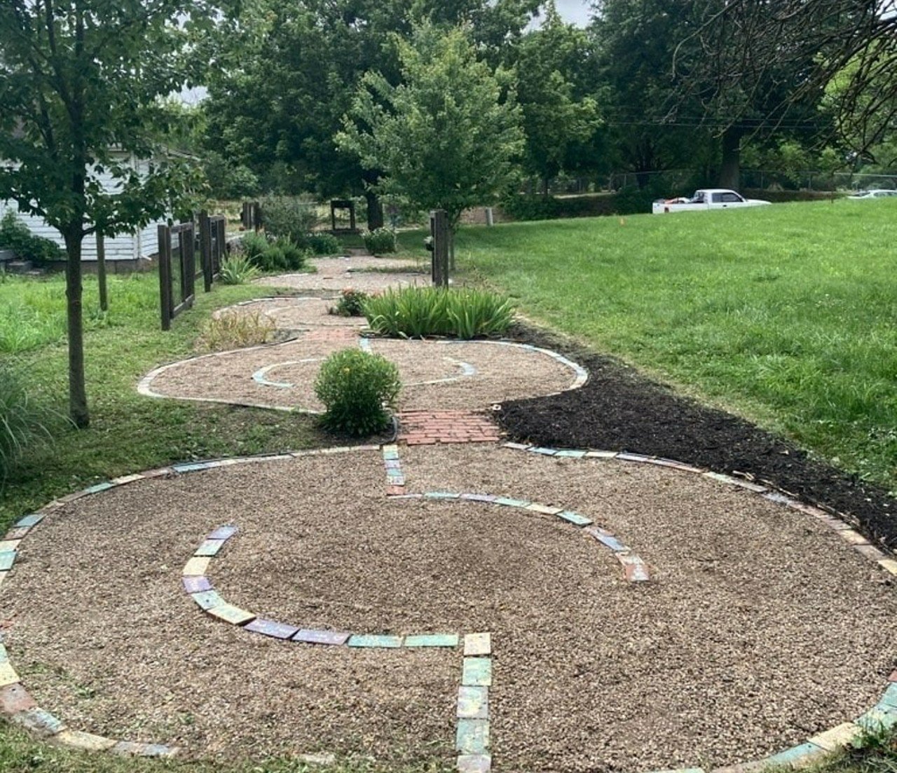  West Louisville Women's Collaborative 
3831 Hale Ave. 
Always open. Connected labyrinths outlined by bricks painted with inspirational messages.
Photo via facebook.com/westlouisvillewomenscollaborative