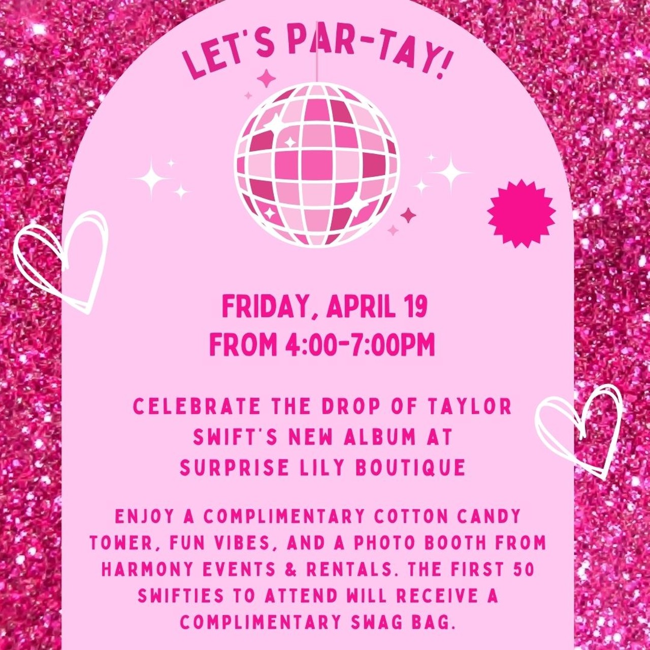 Taylor Swift Launch Party at Surprise Lily Boutique
1386 Bardstown Rd. | Friday, April 19 | 4-7 p.m. Celebrate the drop of Taylor Swift’s new album at Surprise Lily Boutique with a complimentary cotton candy tower, fun vibes, and a photo Booth from Harmony Events & Rentals. The first 50 Swifties to attend will receive a FREE swag bag.