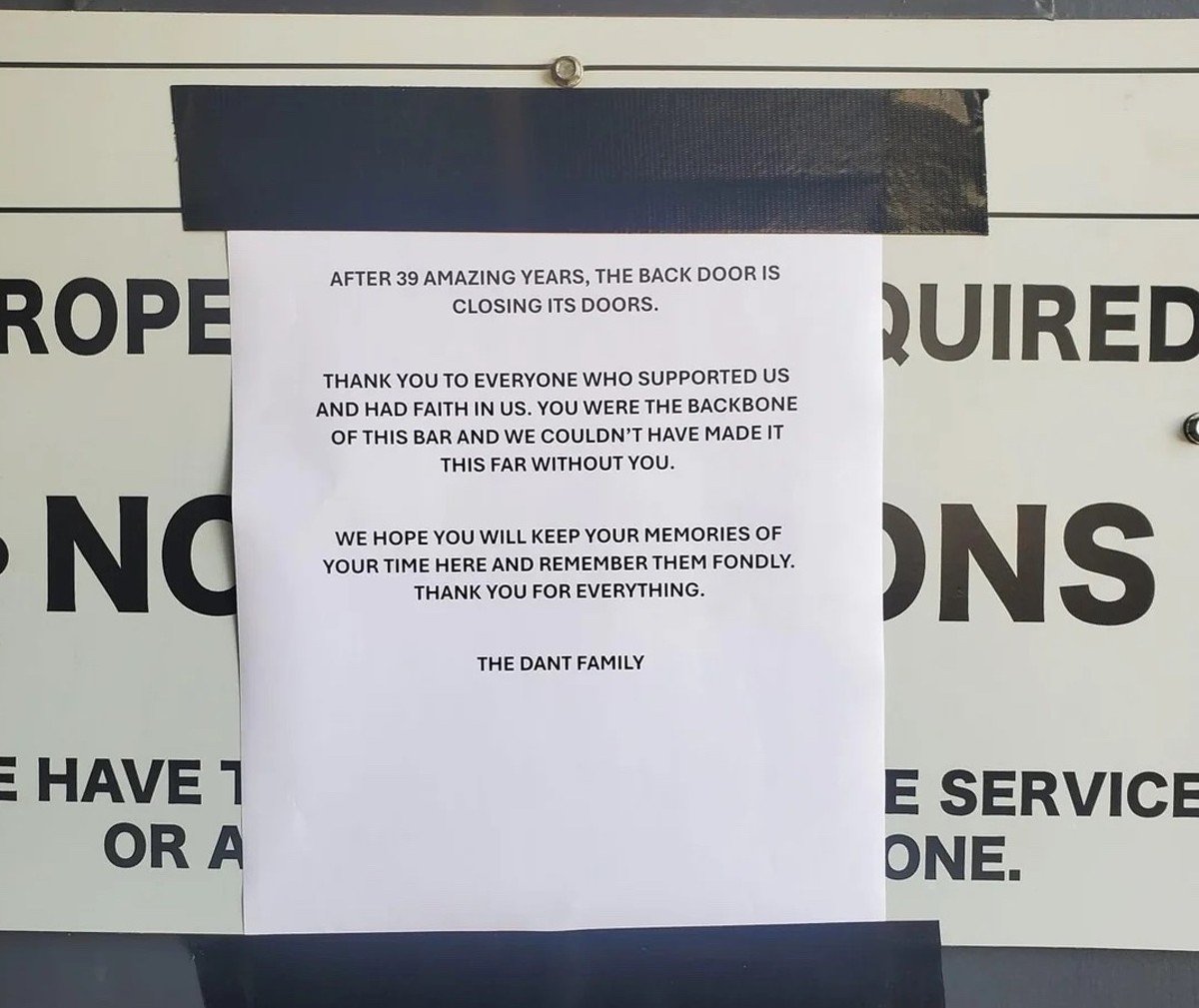 Back Door posted a sign announcing their closure.