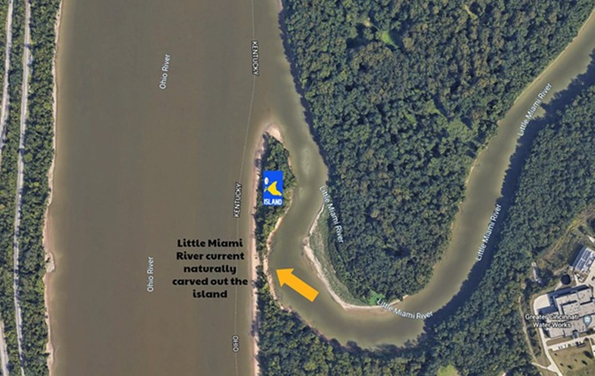 The new island is located at the confluence of the Little Miami River and the Ohio River.