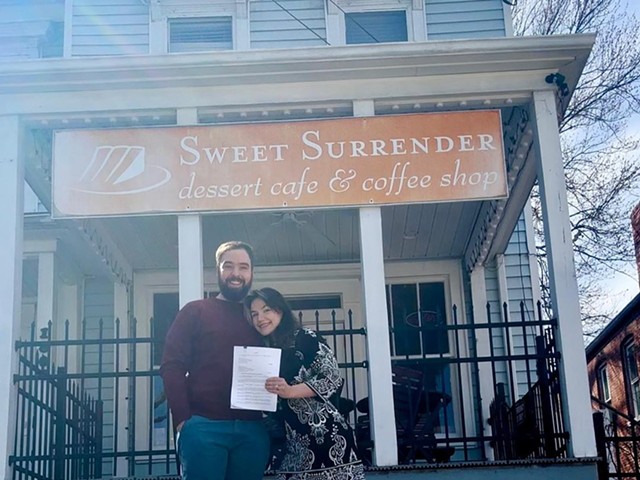 Griffin and Abigail McGreevy in front of the former location of Sweet Surrender Dessert Caf&eacute;.