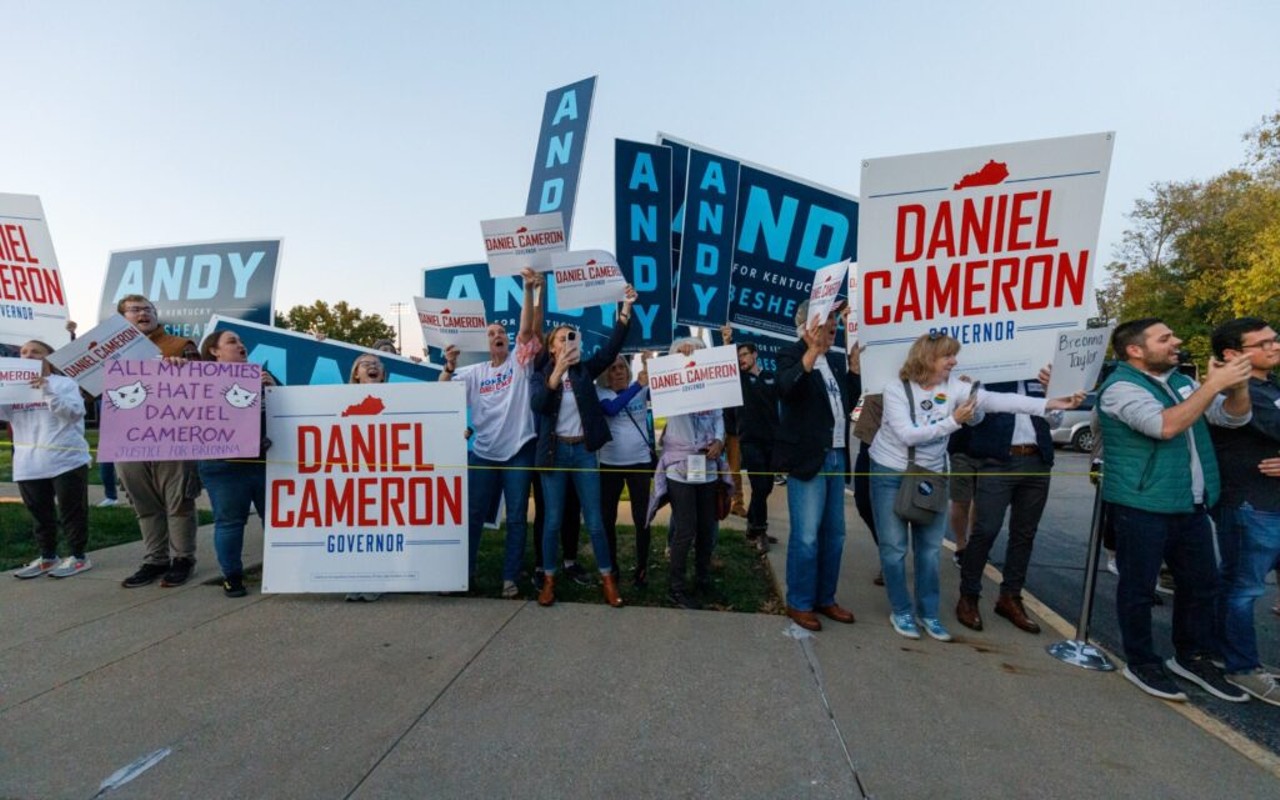 Supporters for Democratic Gov. Andy Beshear and Republican Attorney General Daniel Cameron cheer outside KET&#146;s studio before Monday&#146;s debate. (Photo for Kentucky Lantern by Matthew Mueller)