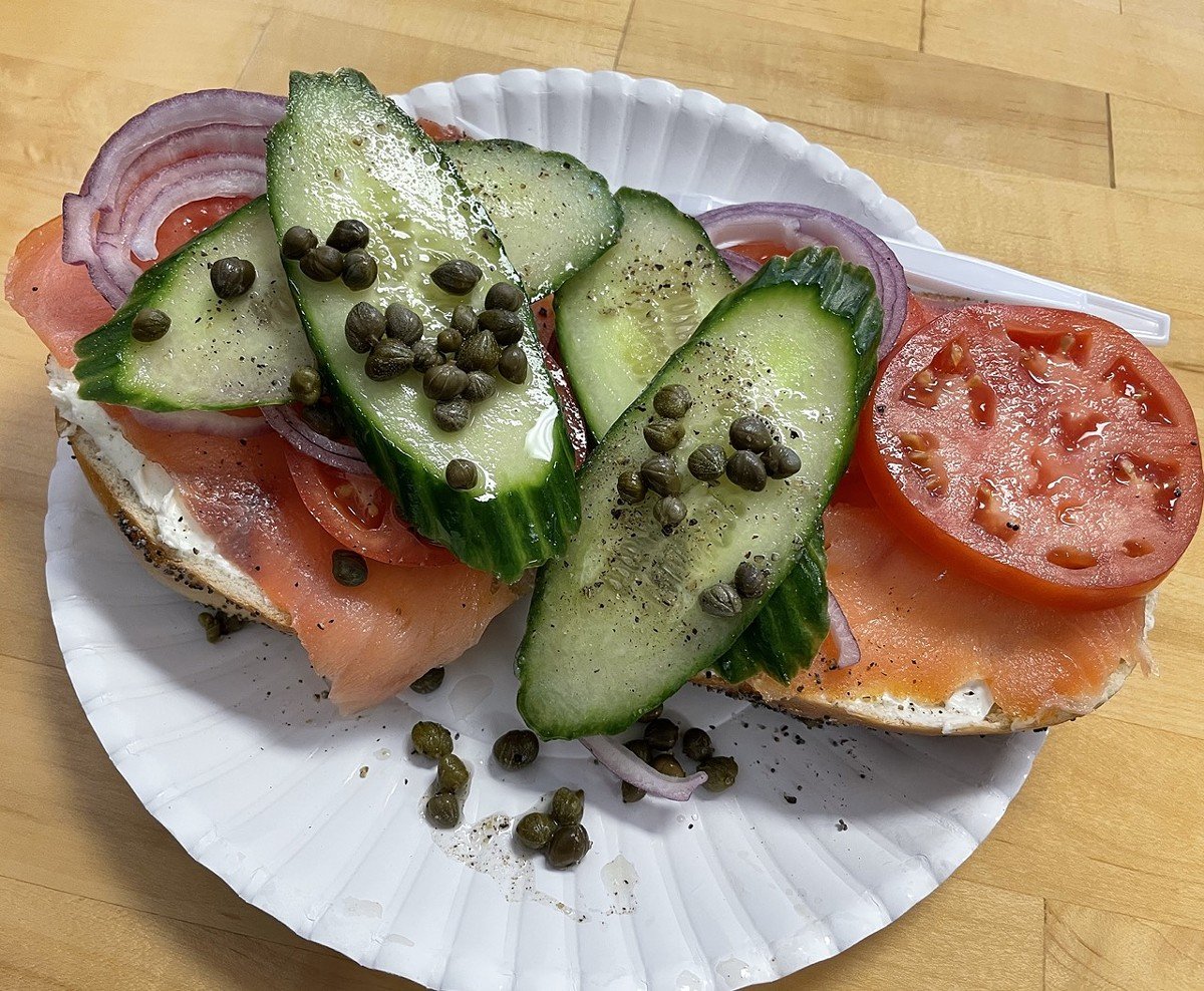 Far too big to pick up and eat out of hand, Born2Bagel's lox and cream cheese sandwich on onion bagel with capers rewards the knife-and-fork approach.