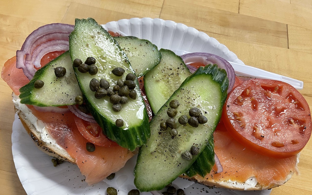Far too big to pick up and eat out of hand, Born2Bagel's lox and cream cheese sandwich on onion bagel with capers rewards the knife-and-fork approach.