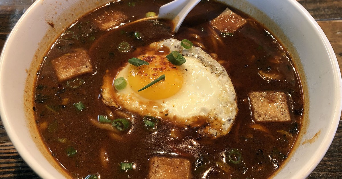 Deep, rich and dark, Diamond's big bowl of ramen gains salty umami flavor from miso and fried tofu.