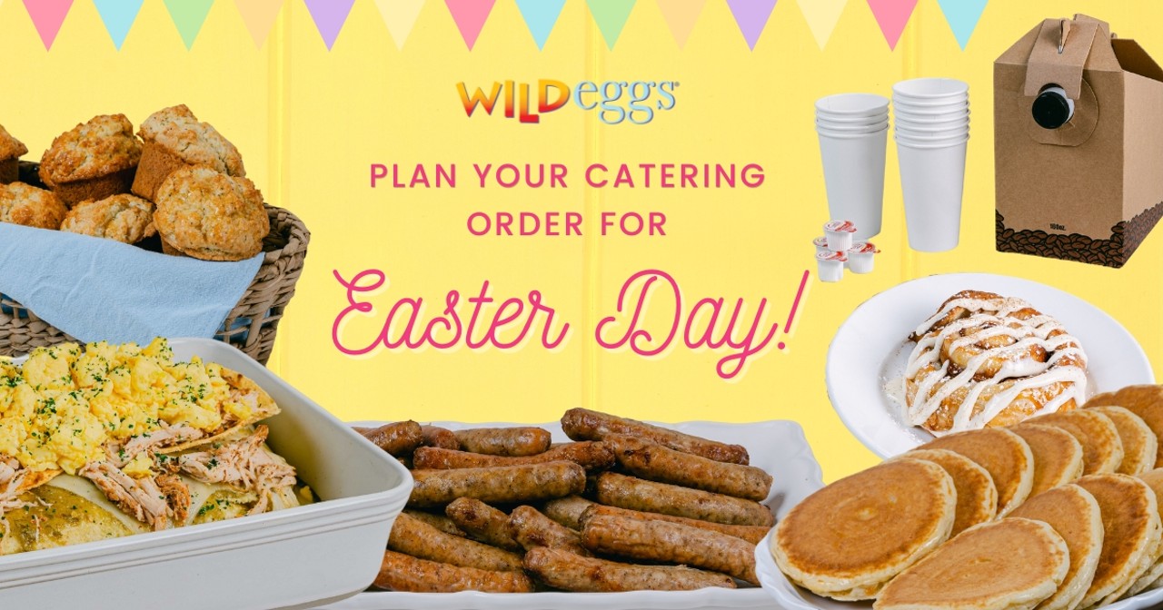 Wild Eggs
Multiple LocationsStress-free brunch? Sign us up. If you’re looking for catering, Wild Eggs offers delivery and pick-up in addition to their regular Sunday brunch. Not sure what to order? The BYOB “Build Your Own Breakfast” lets you mix and match breakfast staples including scrambled eggs, bacon, sausage, hashbrown casserole, muffins, pancakes, and biscuits & gravy.
Looking for something a little different? Try one of their signature creations like the Wild Mushroom & Roasted Garlic Scramble or French Toast Casserole.