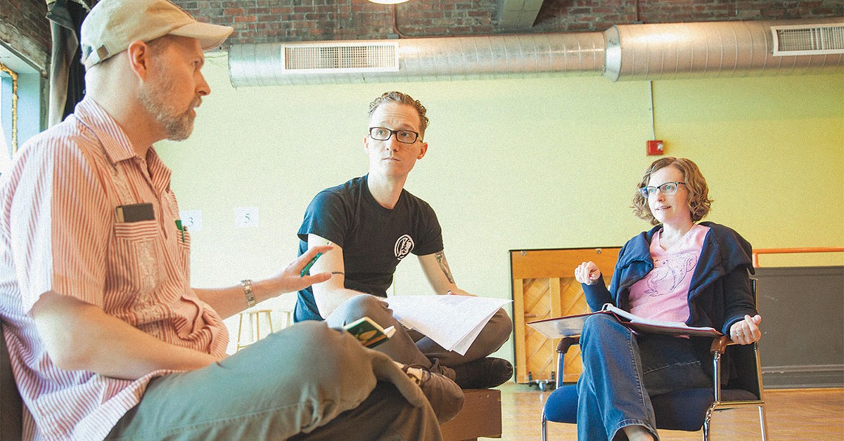 L-R, Dramaturg Greg Maupin, actor Neill Robertson, and Driector Amy Attaway discuss the characters in 'King Richard the Second.'