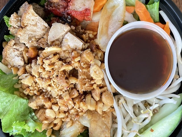 Vietnamese rice-noodle salad is chock full of peanuts and flavored tofu bites.