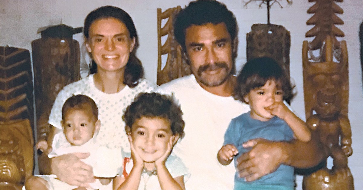 Nick and Maureen Fruean with children Maleka, Nick Tautunu and Teresa in 1979, the year before Nick died, with tikis Nick had carved