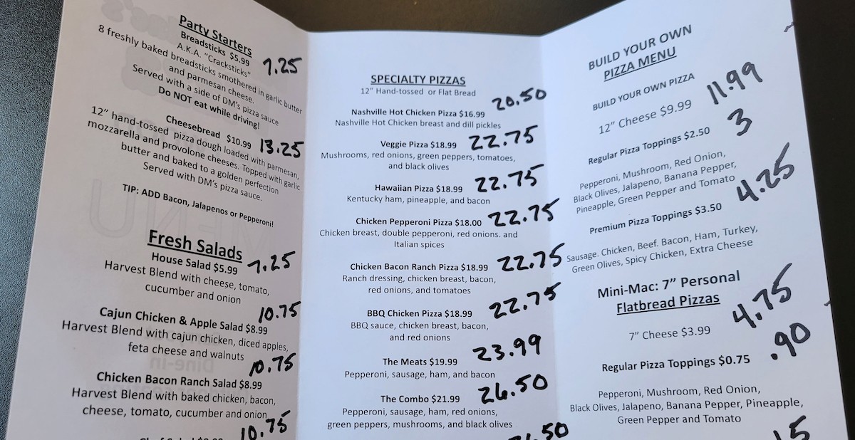 Dan McMahon's marked-up menu on which he reluctantly planned an across-the-board price increase for Danny Mac's Pizza. (Some of the final increases were a little less.)