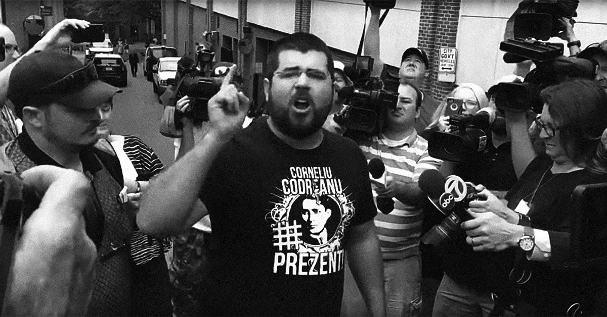 Matthew Heimbach speaks to reporters following the deadly rally in Charlottesville, Virginia