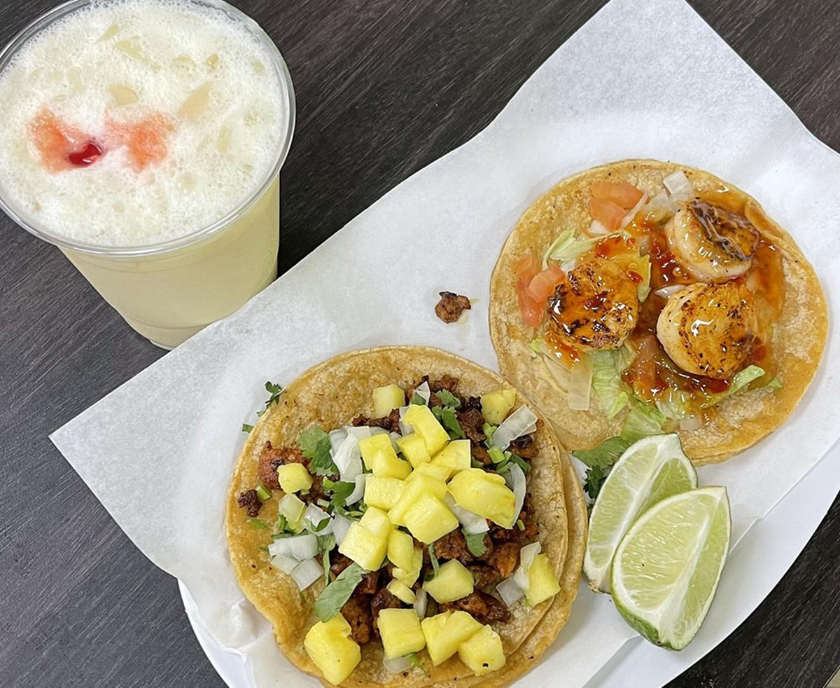 Tacos Al Pastor and Grilled Shrimp with Pi&ntilde;a Colada Agua Fresca image from Panchitos Ice Cream & Taqueria Facebook page.