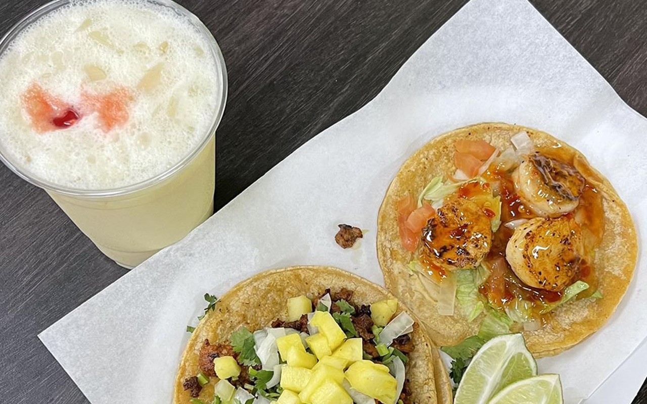 Tacos Al Pastor and Grilled Shrimp with Pi&ntilde;a Colada Agua Fresca image from Panchitos Ice Cream & Taqueria Facebook page.