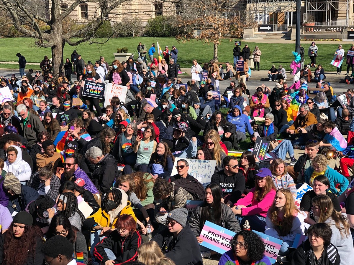 A crowd protesting anti-LGBTQ+ legislation staged a &#147;die in&#148; on the Capitol grounds to demonstrate what they said could be the fallout from SB 150, students dying.