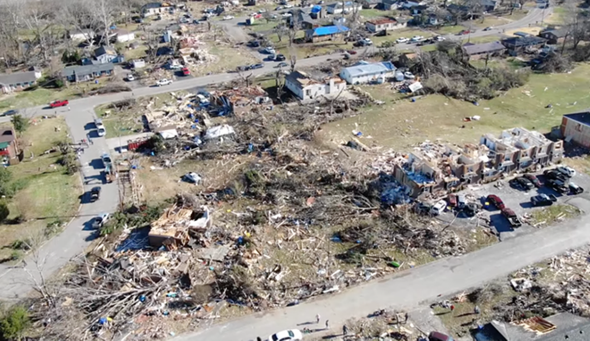 A screenshot of Dec. 13, 2021 drone footage of the tornado devastation in Bowling Green, Kentucky.