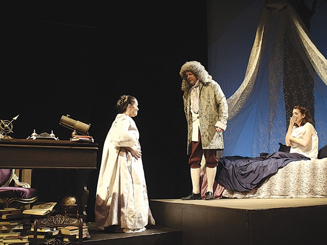 Trian Fischeras Pauline, Clint Gill as Voltaire, and Karole Spangler as Emilie du Chatelet in Looking for Lilith's production of "Legacy of Light," by Karen Zacarias. Directed by Kathi E.B. Ellis.