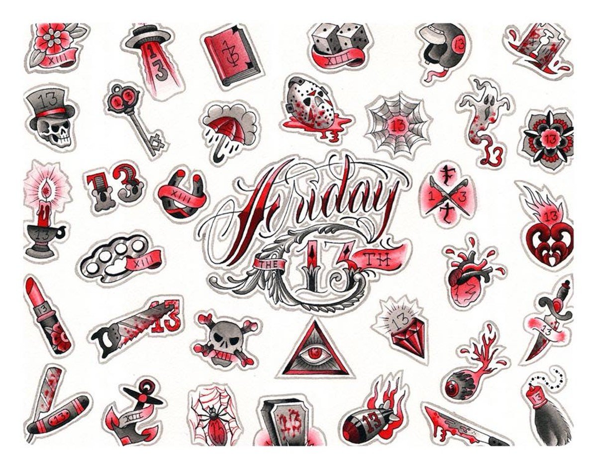 A sample sheet of the tattoos offered by Hard Life Tattoos on Friday the 13th.