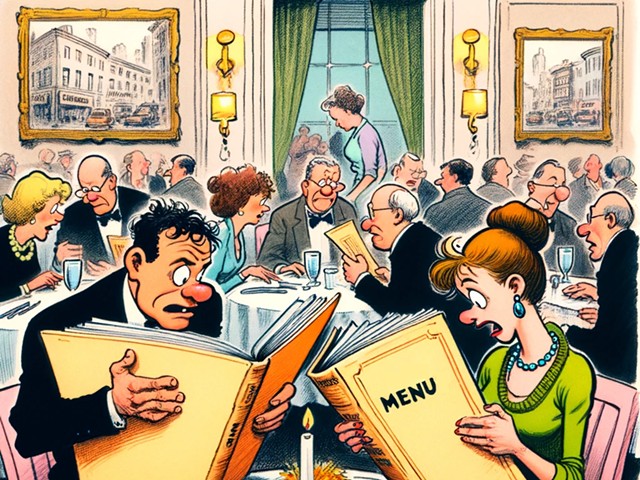 A color cartoon created by Dall-E artificial inteligence with the prompt: Cartoon in the classic New Yorker style, depicting a man and a woman sitting at a restaurant table. They are comically struggling with very large menus.