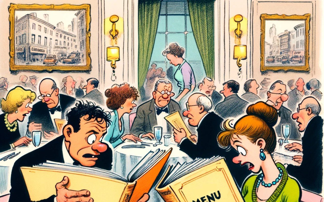 A color cartoon created by Dall-E artificial inteligence with the prompt: Cartoon in the classic New Yorker style, depicting a man and a woman sitting at a restaurant table. They are comically struggling with very large menus.