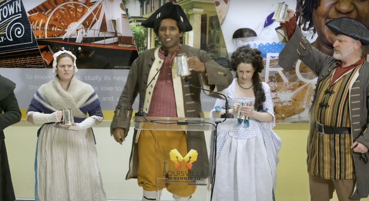 The announcement of direct flights to Boston was preceded by actors wearing Colonial era costumes.