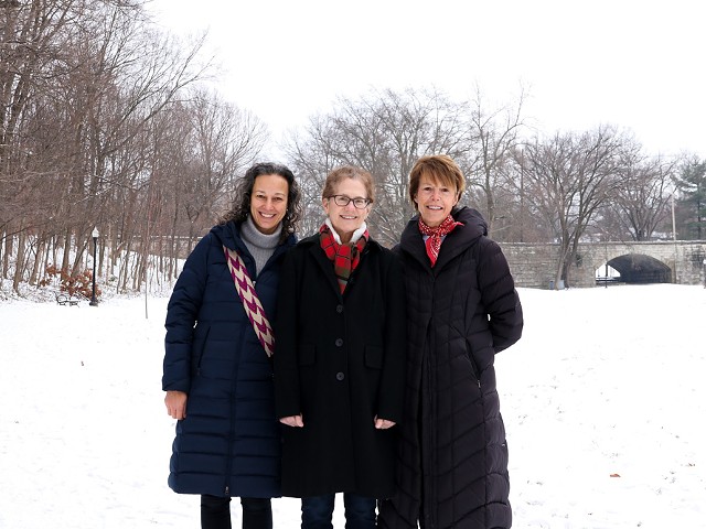 From left: Olmsted Parks Conservancy president and CEO Layla George, Elizabeth Alden Applegate, and Olmsted Parks Conservancy trustee Nancy Bush near the location of the new stage at Tyler Park.