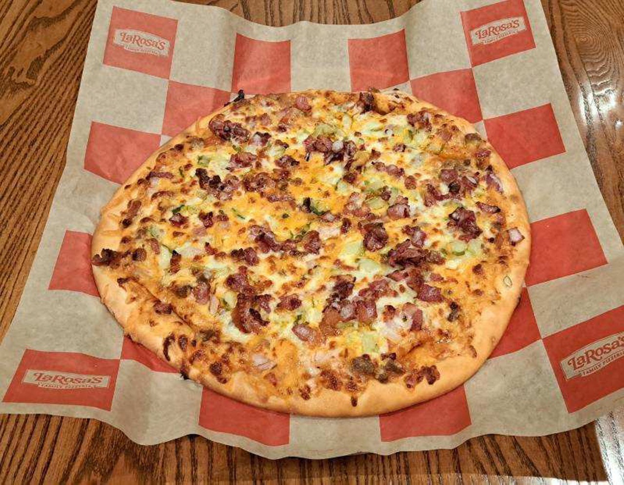  LaRosa's Pizzeria 
10641 Fischer Park Dr. 
Cheeseburger Pizza
Deluxe Cheeseburger on a pizza crust &#150; with special burger sauce, ground beef, bacon, onions, pickles, provolone and cheddar cheeses.