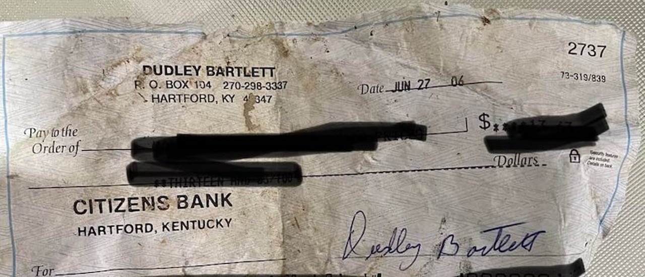 Found in Elizabeth, Indiana
A check found an hour and 45 minutes from Hartford, Kentucky, where the person who issued it was from. 
Photo via Phil and Amanda Burns