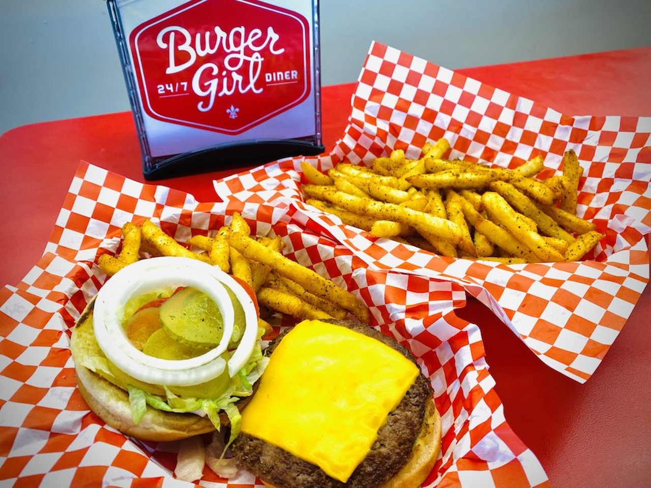 Burger Girl Diner
Burger Girl Burger
Our signature fresh quarter pound 80/20 black angus patty, with your choice of cheese, fully dressed to your liking, with special sauce, on a toasted honey bun. Served with a small order of our perfectly seasoned fries.