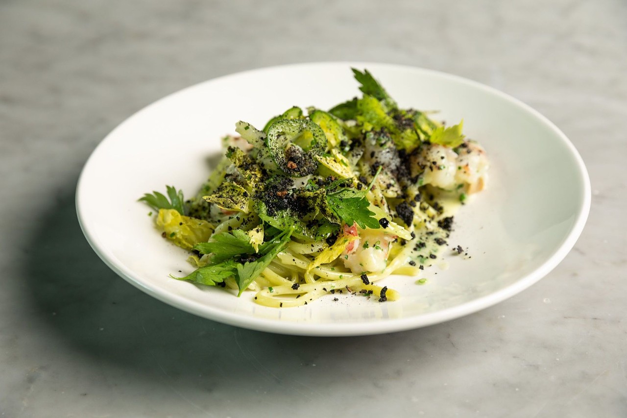 Jalapeno Bucatini, Rock Shrimp, Celery Herb Salad, Squid Ink Breadcrumbs