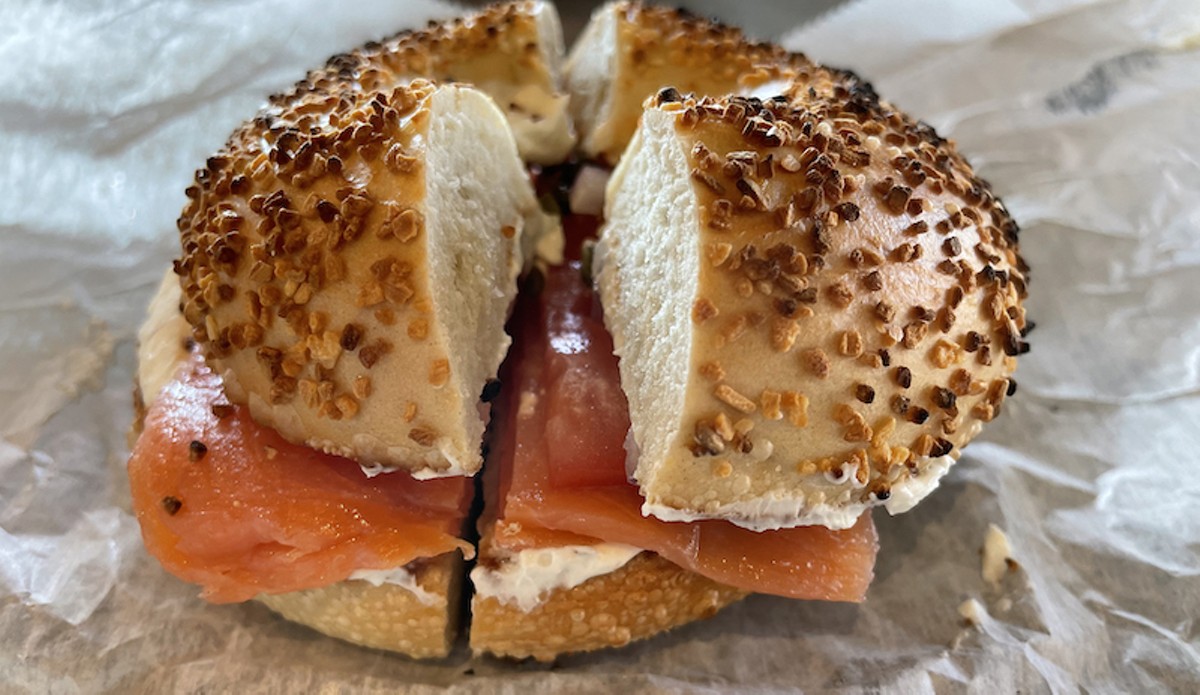 What could be more traditional than an everything bagel with lox and cream cheese? The model at Maya is large and delicious, a breakfast on a bun.  |  Photos by Robin Garr.