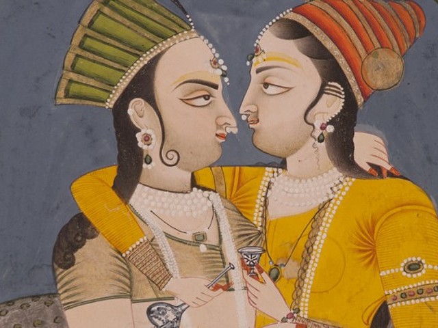 Detail of “Two lovers sharing a drink.” Rajasthan, Jaipur, ca. 1780. Ink, opaque watercolor, and gold on paper; 8 21/32 x 7 9/32 in. (22 x 18.5 cm).
