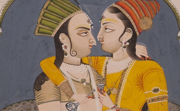 Detail of “Two lovers sharing a drink.” Rajasthan, Jaipur, ca. 1780. Ink, opaque watercolor, and gold on paper; 8 21/32 x 7 9/32 in. (22 x 18.5 cm).