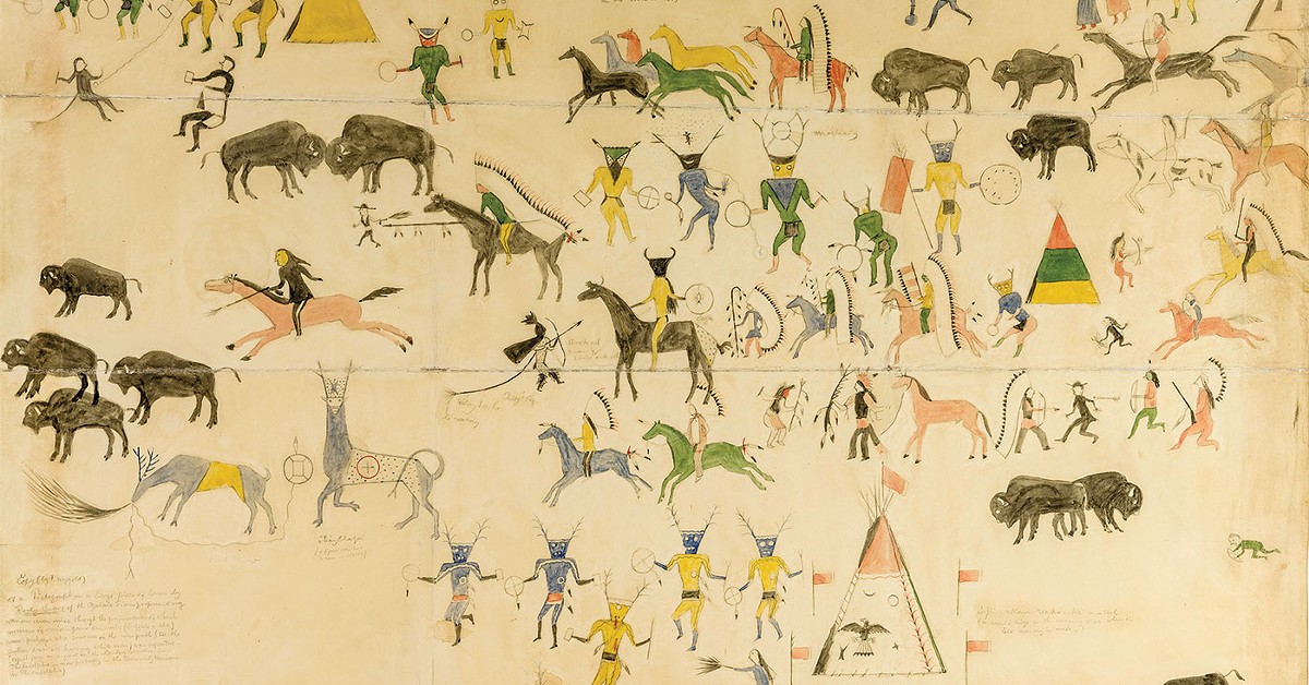 Frederick Weygold's copy of a painting by Rocky Bear, depicting ceremonies of the Lakota Elk Dreamer society