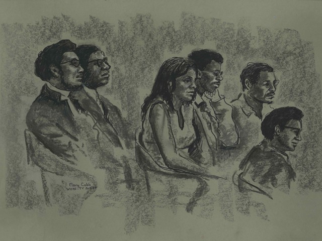 L to R: Walter T. &#145;Pete&#146; Cosby, Manfred G. Reid, Ruth Bryant, Robert Kuyu Sims, Samuel Hawkins
    and James Cortez. | &#145;The Black Six Trial&#146; by Mary Cobb from the Mary B. Cobb Collection at the Filson Historical Society.