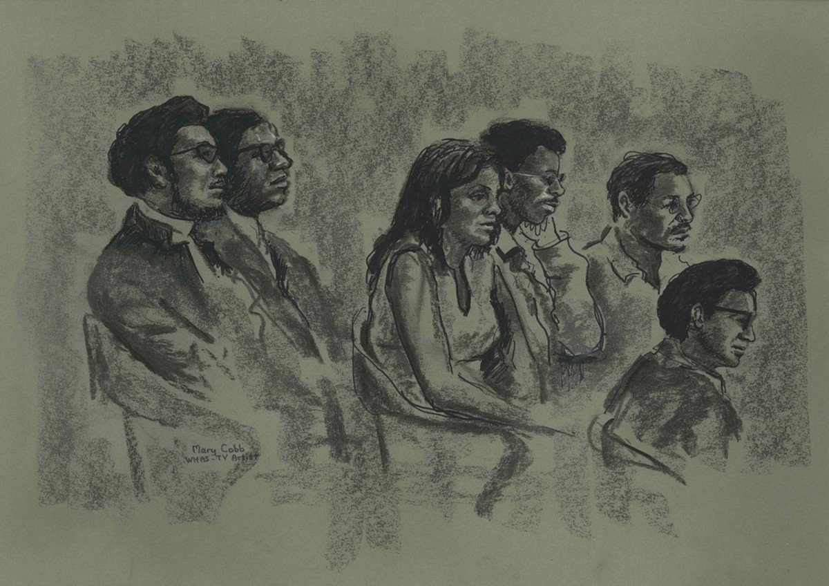 L to R: Walter T. &#145;Pete&#146; Cosby, Manfred G. Reid, Ruth Bryant, Robert Kuyu Sims, Samuel Hawkins
    and James Cortez. | &#145;The Black Six Trial&#146; by Mary Cobb from the Mary B. Cobb Collection at the Filson Historical Society.