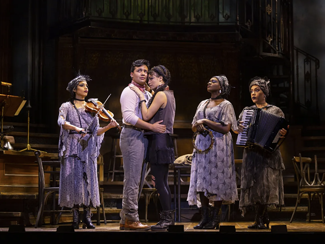 Hannah Whitley as Eurydice and J. Antonio Rodriguez as Orpheus with the Muses in the North American tour of Hadestown Photo by T. Charles Erickson.