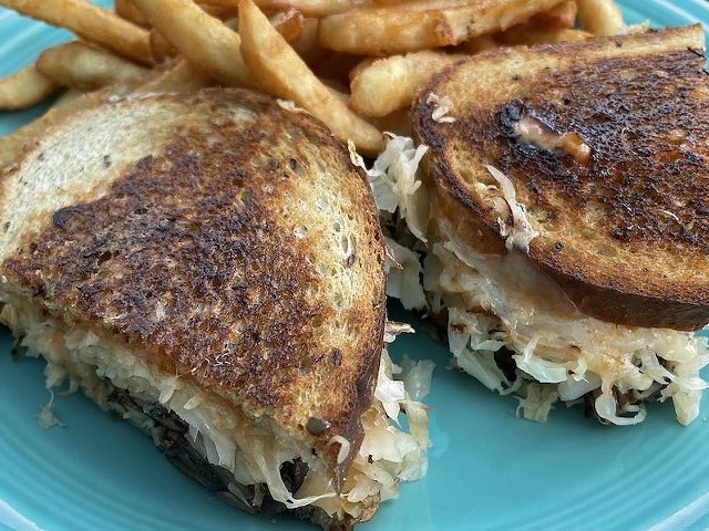 In this veggie Reuben, marinated portobello chunks filled in for corned beef.  |  Photos by Robin Garr