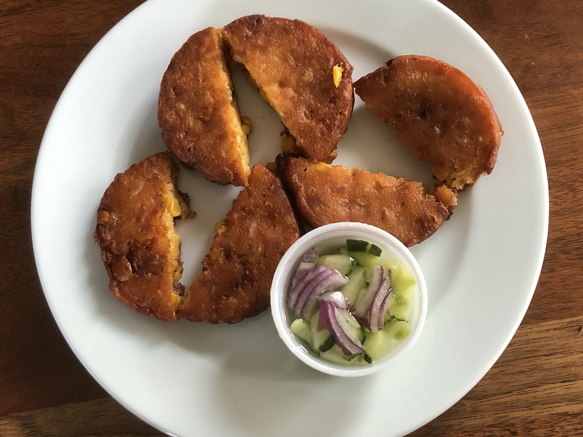 It&#146;s hard to resist Thai Cafe&#146;s crunchy, golden-brown, deep fried sweet corn cakes. |  Photos by Robin Garr.