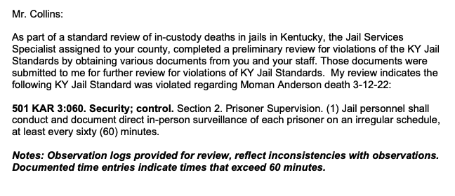 Part of a June letter from the Kentucky Department of Corrections informing Louisville's jail of a Kentucky Jail Standards violation found in their review of the March in-custody death of Moman Anderson.  |  Via Kentucky Department of Corrections.