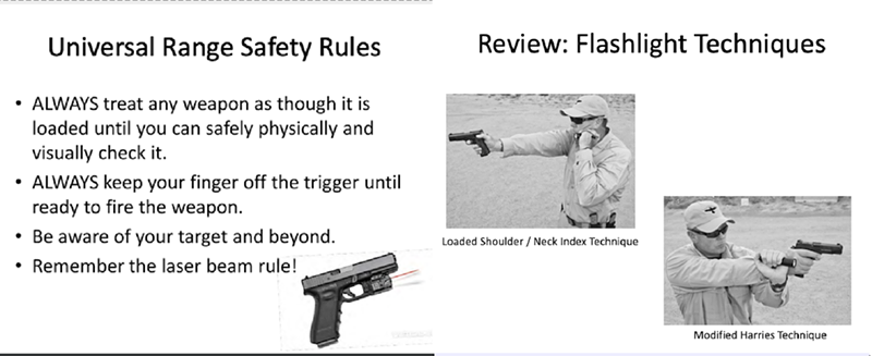 Other slides in the presentation dealt with things like firing in low-light conditions and firing range safety.