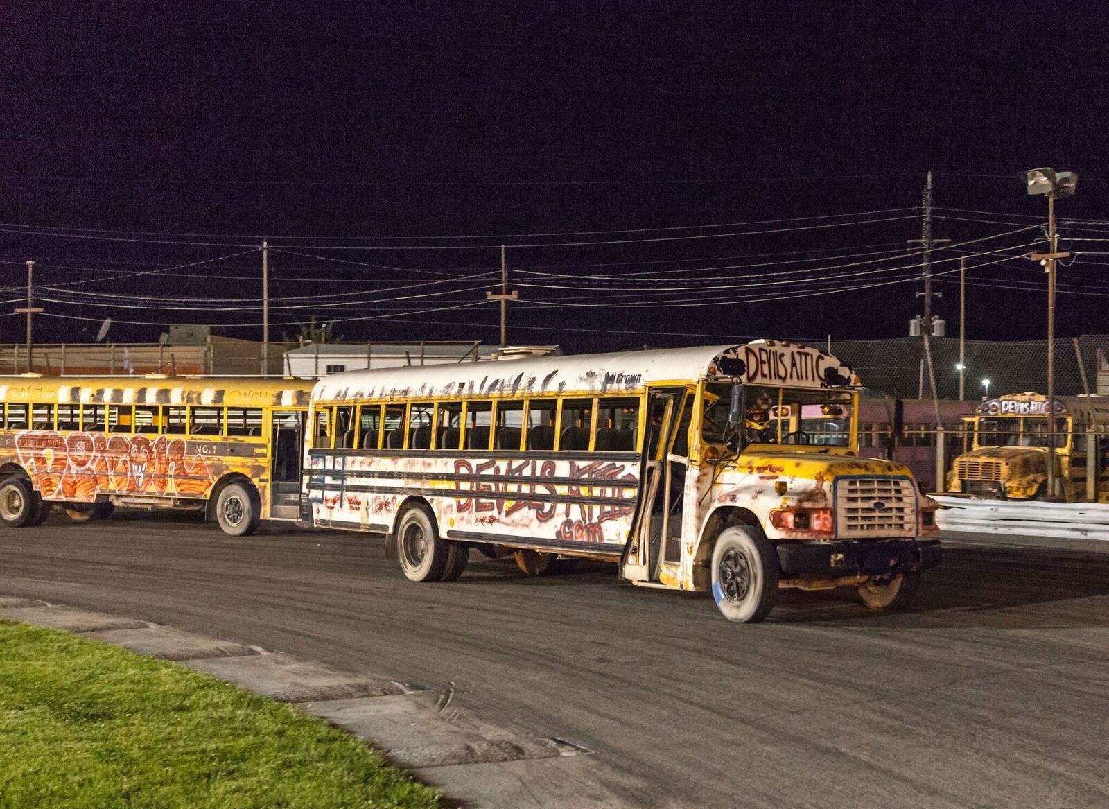 Two school buses racing as part of a scene from the film - photo by Bill Brymer