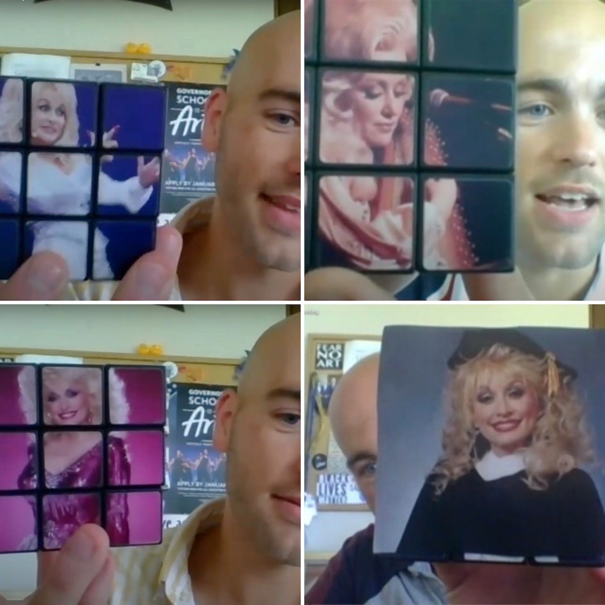 Kentucky Governor&#146;s School for the Arts Director Nick Covault with his Dolly Parton Rubik&#146;s Cube, which became the subject of an inside joke called the Daily Dolly in this year&#146;s GSA. Courtesy Kentucky Performing Arts.
