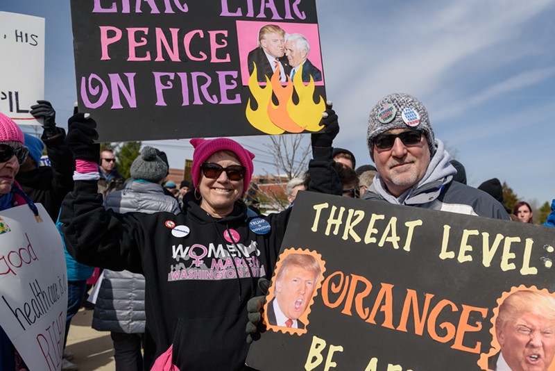 ?"Fear is my biggest motivator, outrage a second,? said Lori Dresner, a member of Indivisible Kentucky, describing her feelings as she and husband David Dresner held their signs. ?"And in the big picture, a loss of democracy as this authoritarian government makes headway.?" - BRIAN BOHANNON