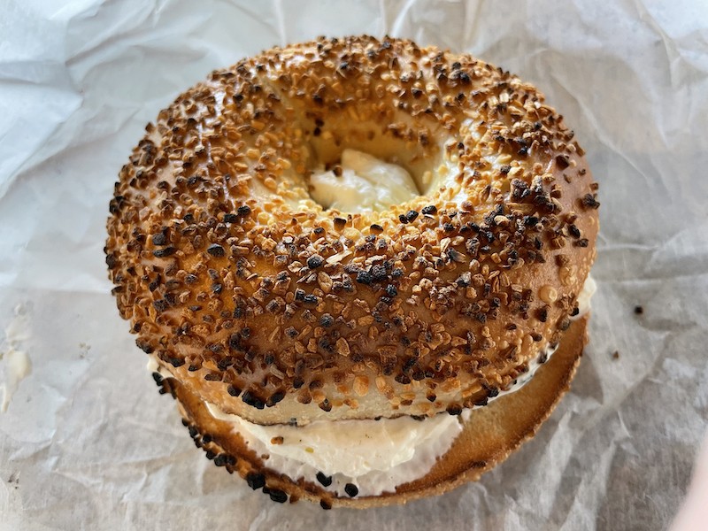 What else is traditional at a bagel shop? A simple onion bagle with a "schmear" of soft, rich cream cheese. Yum!