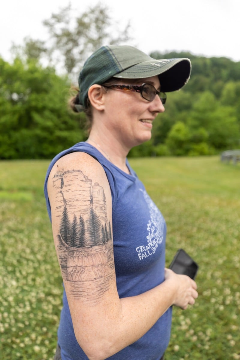 Christie Abrams and her tattoo of Chimney Rock, a famous spot in the Gorge. - KATHRYN HARRINGTON