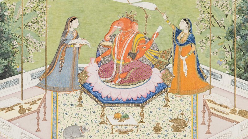 Detail of “Ganesh Puja.” Himachal Pradesh, Mandi, ca. 1835. Ink, opaque watercolor, and gold on paper; 8 29/32 x 11 11/16 in. (22.6 x 29.7 cm). - Courtesy of Speed Art Museum