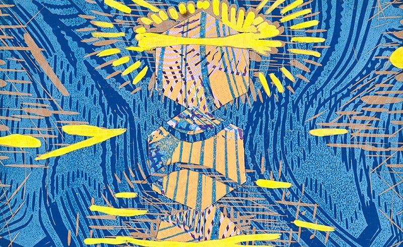 Detail. Susan Harrison, Harbinger, layered relief prints and flocking, 10″ x 10″ - ARTPORTAL