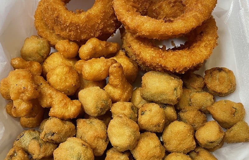 We want all the fried things! Outstanding onion rings, tasty fried okra bites, and mild fried cauliflower make a box full of crunchy delights. - Robin Garr