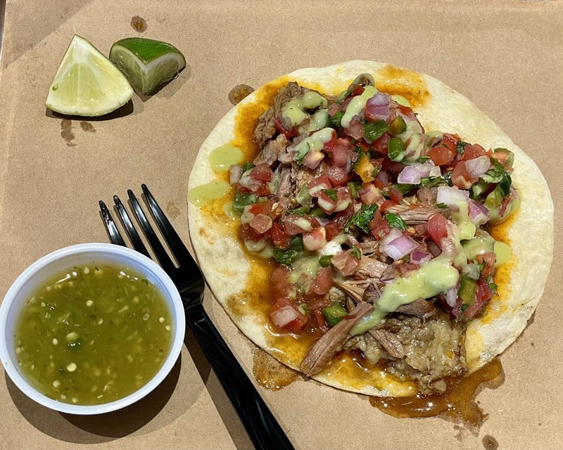 Drenched with juices, birria-style, Noche's brisket taco is big and filling, though the beef's high fat-to-meat ratio left us less than satisfied. - Robin Garr